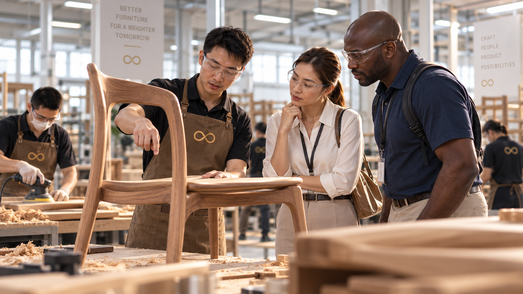 Business leaders examining furniture craftsmanship during a Guangzhou factory visit